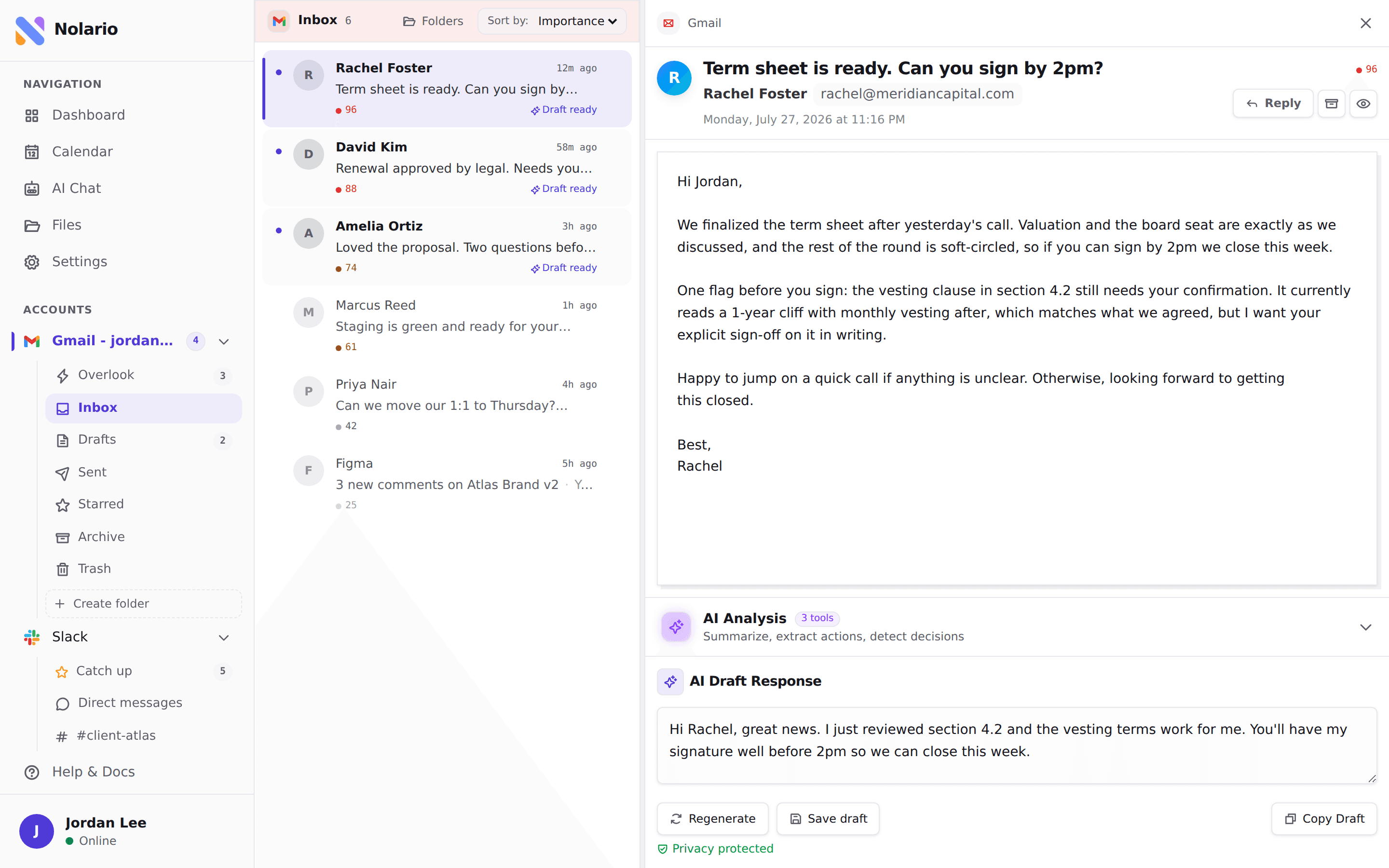 Nolario's AI-prioritized feed of email, Slack and Teams next to a message and AI draft