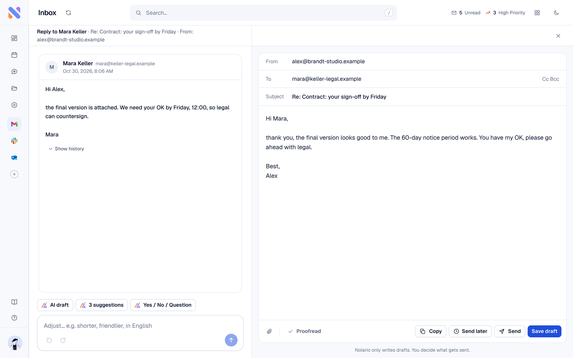 Nolario's AI-prioritized feed of email, Slack and Teams next to a message and AI draft