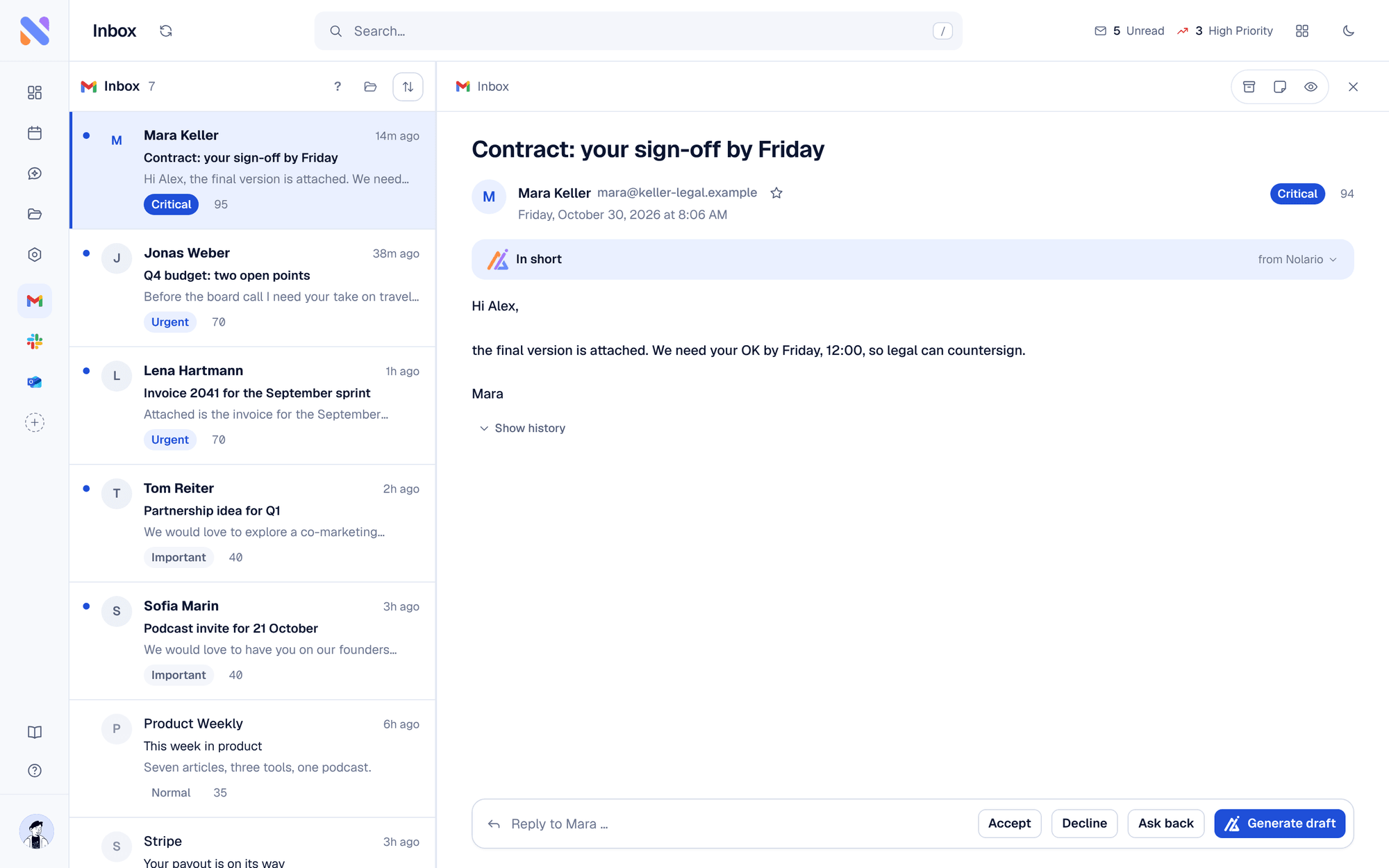 Nolario unified inbox app showing Gmail, Outlook, Slack and Teams messages in one list ranked by importance