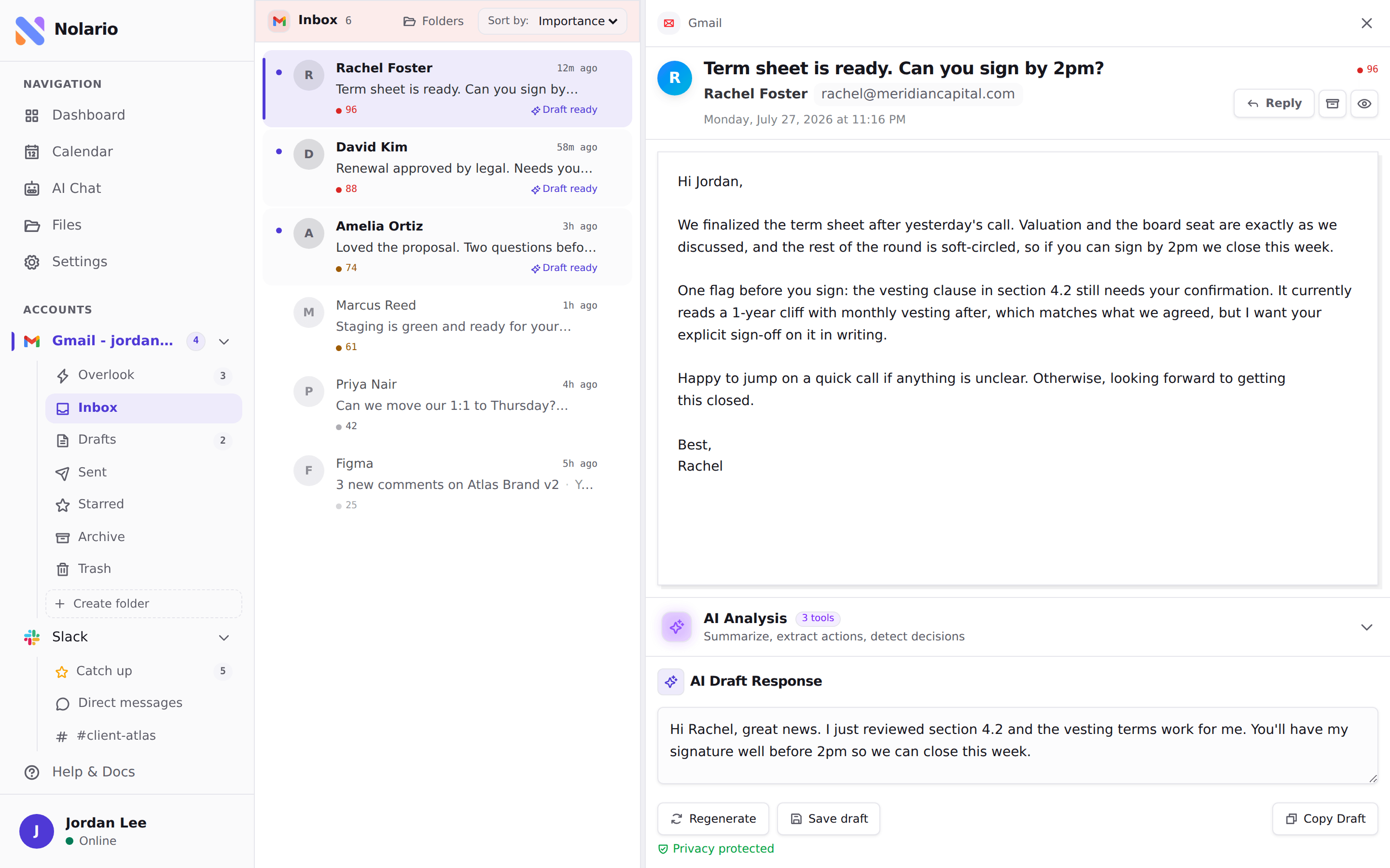 Nolario unified inbox ranking Gmail, Slack and Teams messages in one feed
